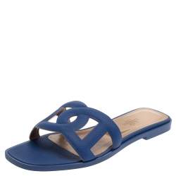Pre Owned Hermes Blue Leather Omaha Sandals Size 37.5