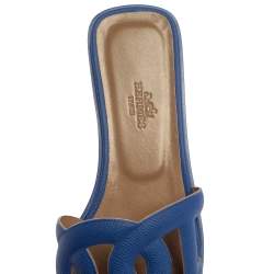 Pre Owned Hermes Blue Leather Omaha Sandals Size 37.5