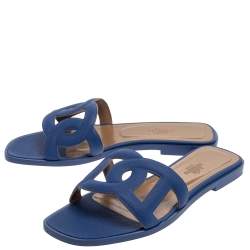 Pre Owned Hermes Blue Leather Omaha Sandals Size 37.5