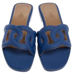 Pre Owned Hermes Blue Leather Omaha Sandals Size 37.5