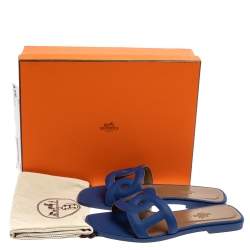 Pre Owned Hermes Blue Leather Omaha Sandals Size 37.5