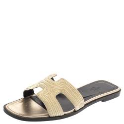 Pre Owned Hermes Metallic Pale Gold Twisted Metal Thread Oran Sandals Size 39.5