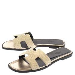 Pre Owned Hermes Metallic Pale Gold Twisted Metal Thread Oran Sandals Size 39.5