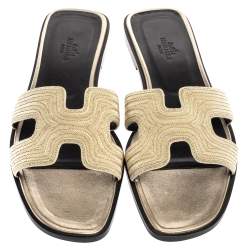 Pre Owned Hermes Metallic Pale Gold Twisted Metal Thread Oran Sandals Size 39.5