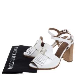 Pre Owned Hermes White Leather Alesia Ankle Strap Sandals Size 38