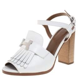 Pre Owned Hermes White Leather Alesia Ankle Strap Sandals Size 38