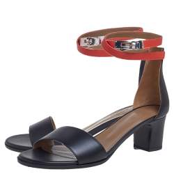 Pre Owned Hermes Black/Orange Leather Open Toe Ankle Strap Sandals Size 39