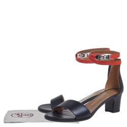 Pre Owned Hermes Black/Orange Leather Open Toe Ankle Strap Sandals Size 39