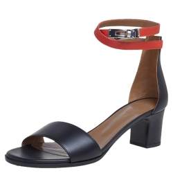 Pre Owned Hermes Black/Orange Leather Open Toe Ankle Strap Sandals Size 39