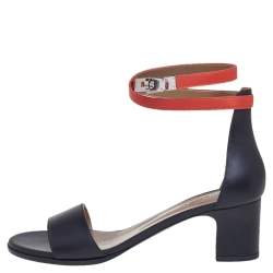 Pre Owned Hermes Black/Orange Leather Open Toe Ankle Strap Sandals Size 39
