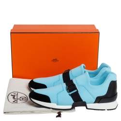 Hermes Blue/Black Neoprene And Suede Run Round Toe Sneakers Size 39