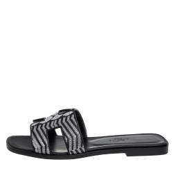 Pre Owned Hermes Black/Silver Embroidered Leather Oran Flat Slides Size 37