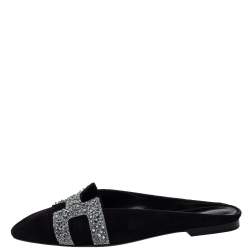 Pre Owned Hermes Black Suede Roxane Mule Sandals Size 38