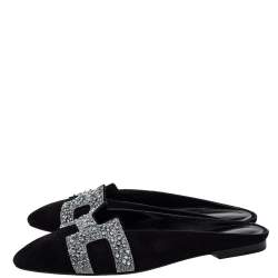 Pre Owned Hermes Black Suede Roxane Mule Sandals Size 38