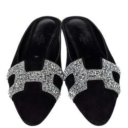 Pre Owned Hermes Black Suede Roxane Mule Sandals Size 38