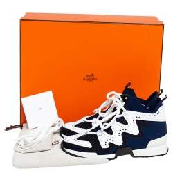 Pre Owned Hermes Multicolor Knit Fabric And Brogue Leather Action High Top Sneakers Size 36