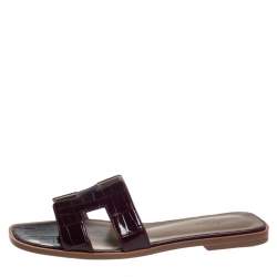 Hermes Burgundy Alligator Leather Oran Flat Slides Size 38