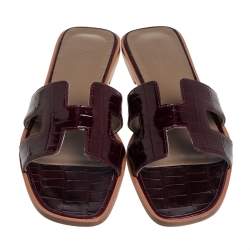 Hermes Burgundy Alligator Leather Oran Flat Slides Size 38