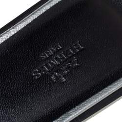 Pre Owned Hermes Silver Leather Oran Flat Slides Size 38