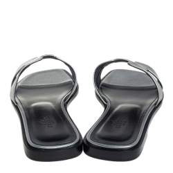 Pre Owned Hermes Silver Leather Oran Flat Slides Size 38