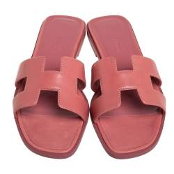 Hermes Pink Leather Oran Flat Slides Size 36.5