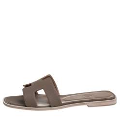 Pre Owned Hermes Grey Leather Oran Flat Slides Size 37.5