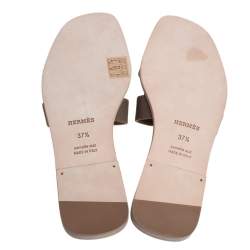Pre Owned Hermes Grey Leather Oran Flat Slides Size 37.5