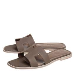 Pre Owned Hermes Grey Leather Oran Flat Slides Size 37.5
