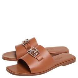 Pre Owned Hermes Brown Leather Villa Flat Slides Sandals Size 37.5