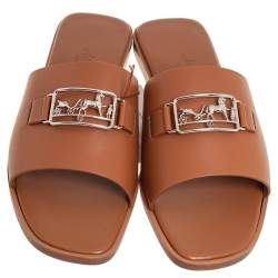 Pre Owned Hermes Brown Leather Villa Flat Slides Sandals Size 37.5