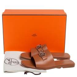Pre Owned Hermes Brown Leather Villa Flat Slides Sandals Size 37.5