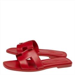 Hermes Red Leather Oran Flat Sandals Size 38