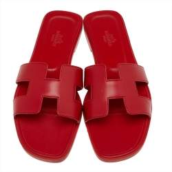 Hermes Red Leather Oran Flat Sandals Size 38