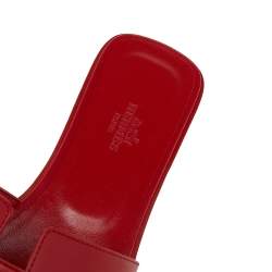 Hermes Red Leather Oran Flat Sandals Size 38