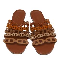 Pre Owned Hermes Brown Suede D'ancre Chaine Flat Slide Sandals Size 38