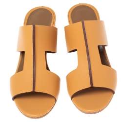 Pre Owned Hermes Tan Leather Ostia Slide Sandals Size 37.5