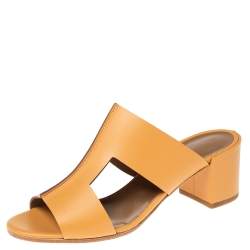 Pre Owned Hermes Tan Leather Ostia Slide Sandals Size 37.5