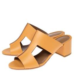 Pre Owned Hermes Tan Leather Ostia Slide Sandals Size 37.5