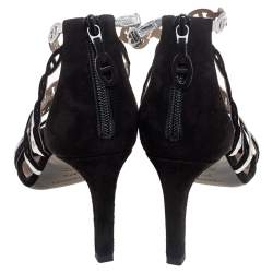 Pre Owned Hermes Silver/Black Suede and Leather Chaine D'Ancre Sandals Size 37.5