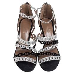 Pre Owned Hermes Silver/Black Suede and Leather Chaine D'Ancre Sandals Size 37.5