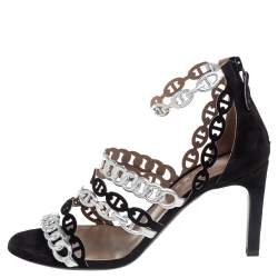 Pre Owned Hermes Silver/Black Suede and Leather Chaine D'Ancre Sandals Size 37.5
