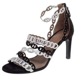 Pre Owned Hermes Silver/Black Suede and Leather Chaine D'Ancre Sandals Size 37.5