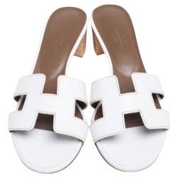 مملوكة مسبقًا Hermes White Leather Oasis Slide Sandals Size 37.5