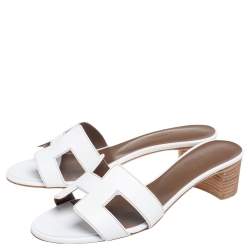 مملوكة مسبقًا Hermes White Leather Oasis Slide Sandals Size 37.5