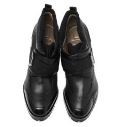 Pre Owned Hermes Black Leather And Fabric Buckle Ankle Boots Size 37