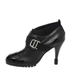 Pre Owned Hermes Black Leather And Fabric Buckle Ankle Boots Size 37