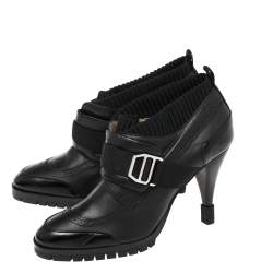 Pre Owned Hermes Black Leather And Fabric Buckle Ankle Boots Size 37