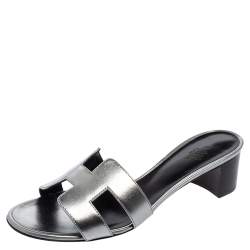 Pre Owned Hermés Metallic Grey Leather Oasis Slide Sandals Size 40