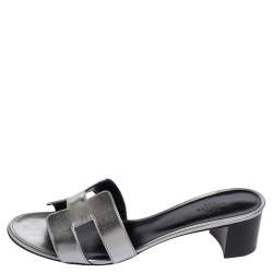 Pre Owned Hermés Metallic Grey Leather Oasis Slide Sandals Size 40