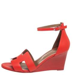 Pre Owned Hermes Red Leather Legend Ankle Strap Wedge Sandals Size 40
